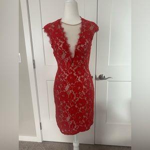 Aidan Mattox Red lace open back dress w/nude lining